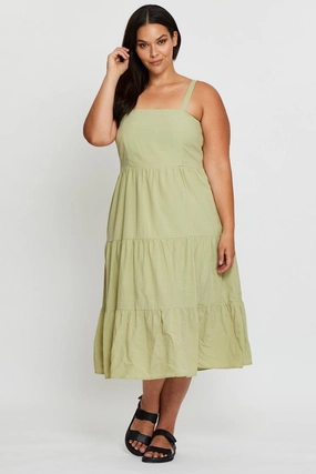 Green Midi Dress Square Neck Sleeveless Soft Vibes