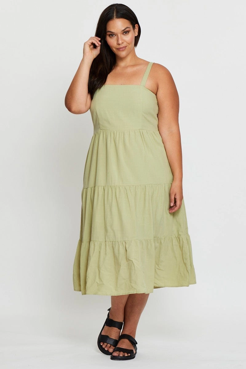 Green Midi Dress Square Neck Sleeveless Soft Vibes