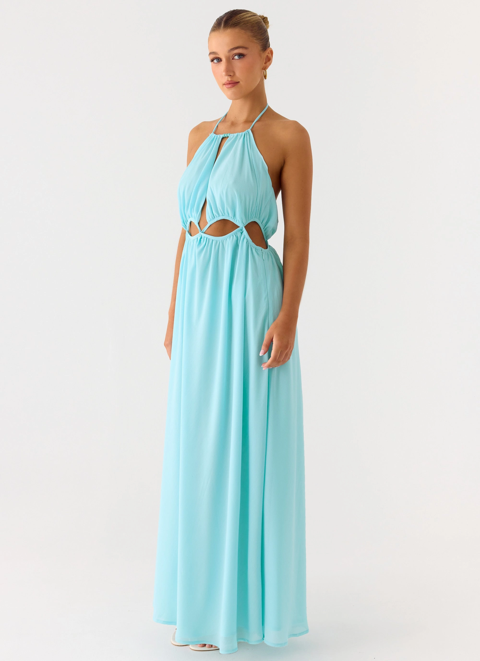 Functional Style Layered Comfort Wear Ardenzelle Chiffon Halter Neck Maxi Dress - Turquoise
