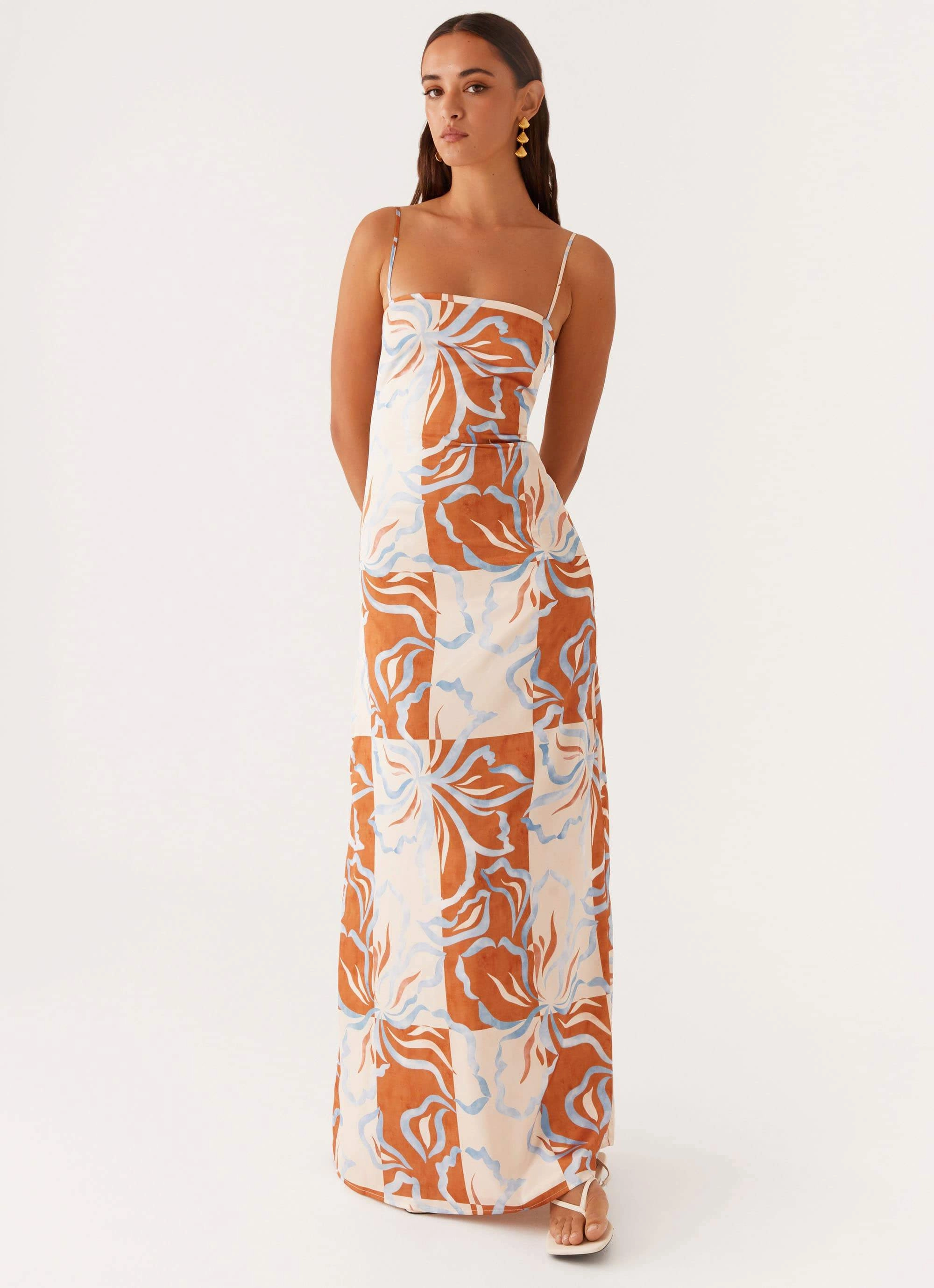 Aster Bloom Maxi Dress - Orange Blue Floral Satin Layers