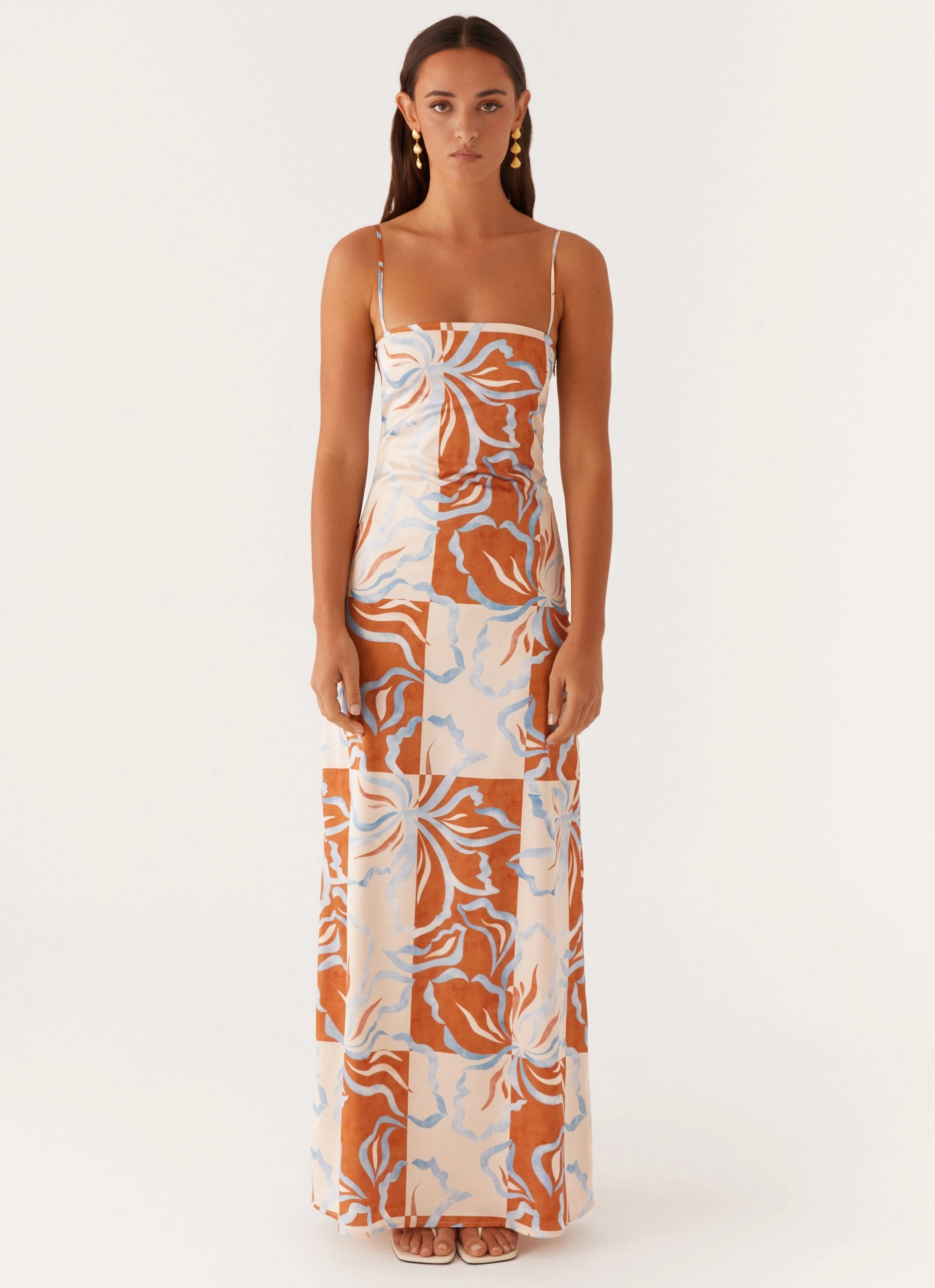 Aster Bloom Maxi Dress - Orange Blue Floral Bright-Hue Breathable Layering