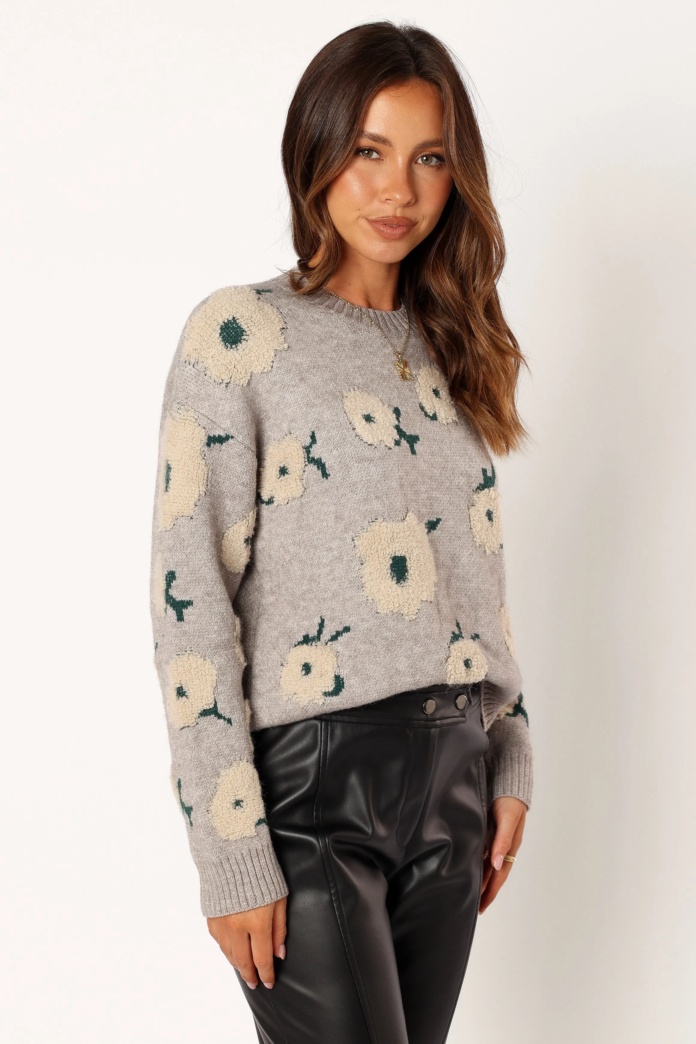 Aubrielle All Over Flower Knit Sweater - Grey Green Moisture Wicking Yarn Airflow channels