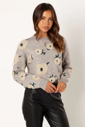 Tubular Knit Structure Aubrielle All Over Flower Knit Sweater - Grey Green
