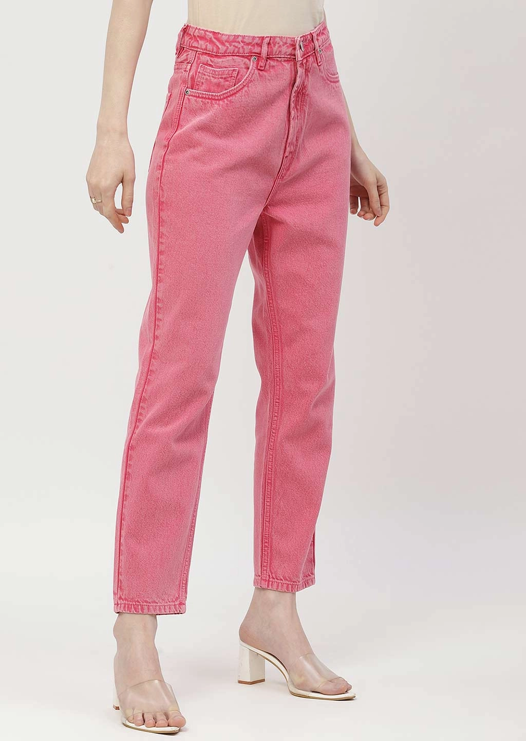 Madame Mid Rise Pink Mom Fit Jeans Articulated Knee Shape