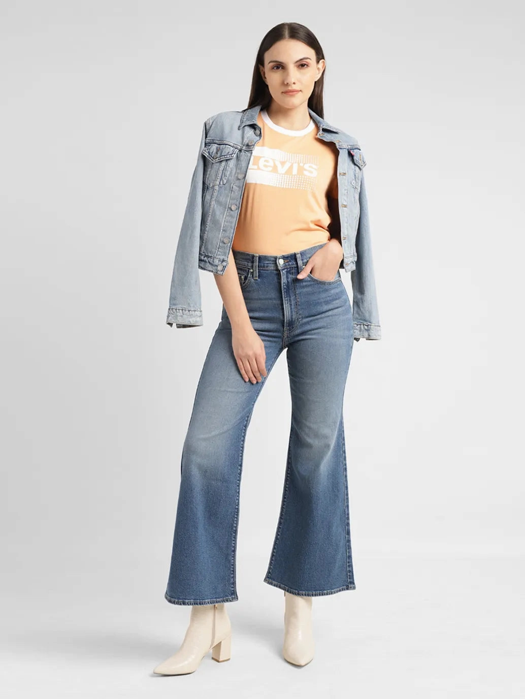 Women's Blue Ribcage Bell Bottom Wide Leg Fit High Rise Jeans Office Wear Weekend Warrior Trend Setter