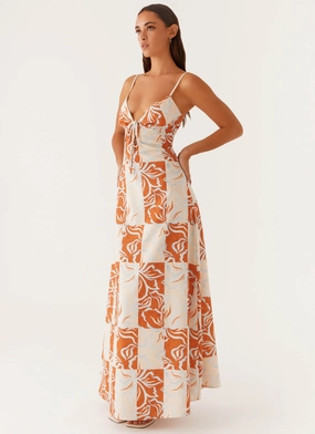 Flora Linen Maxi Dress - Orange Blue Floral Shine Dressy Casual event dress