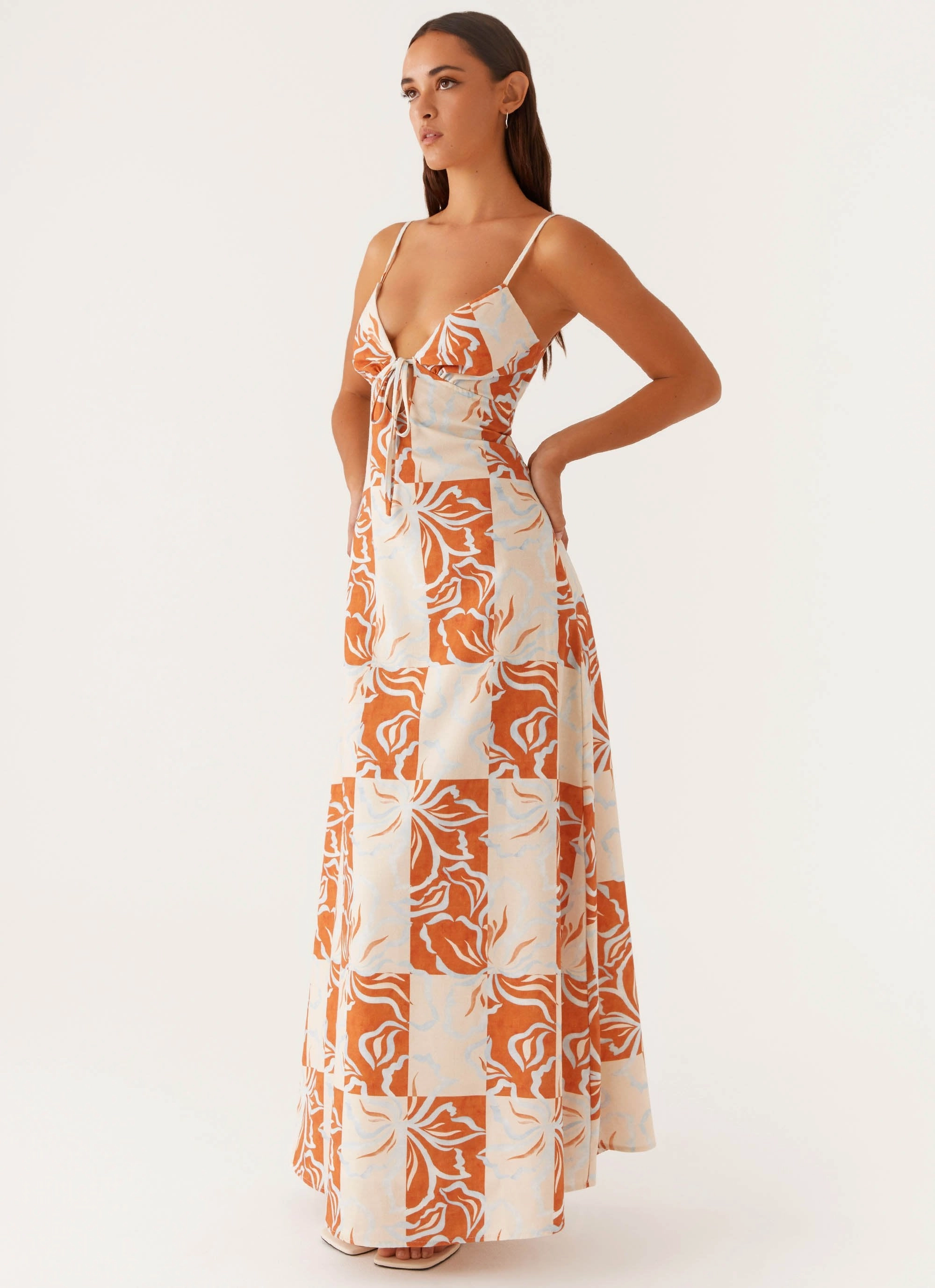 Flora Linen Maxi Dress - Orange Blue Floral Shine Dressy Casual event dress