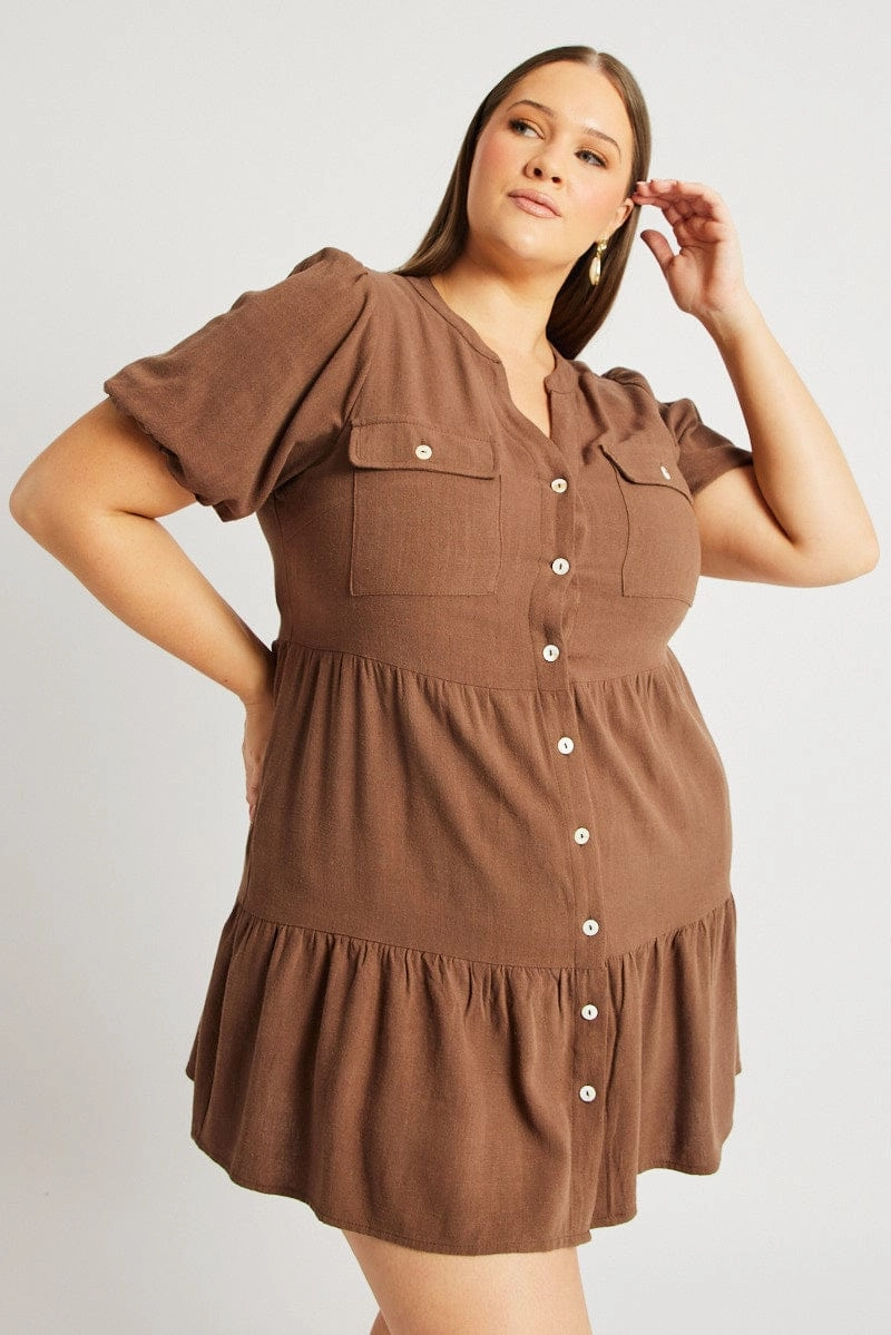 Brown Button Through Mini Dress Nehru Collar Linen Blend Artistic Edge Luxe Touch