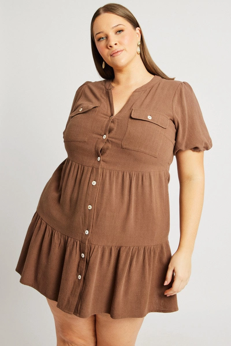 animal-print Brown Button Through Mini Dress Nehru Collar Linen Blend