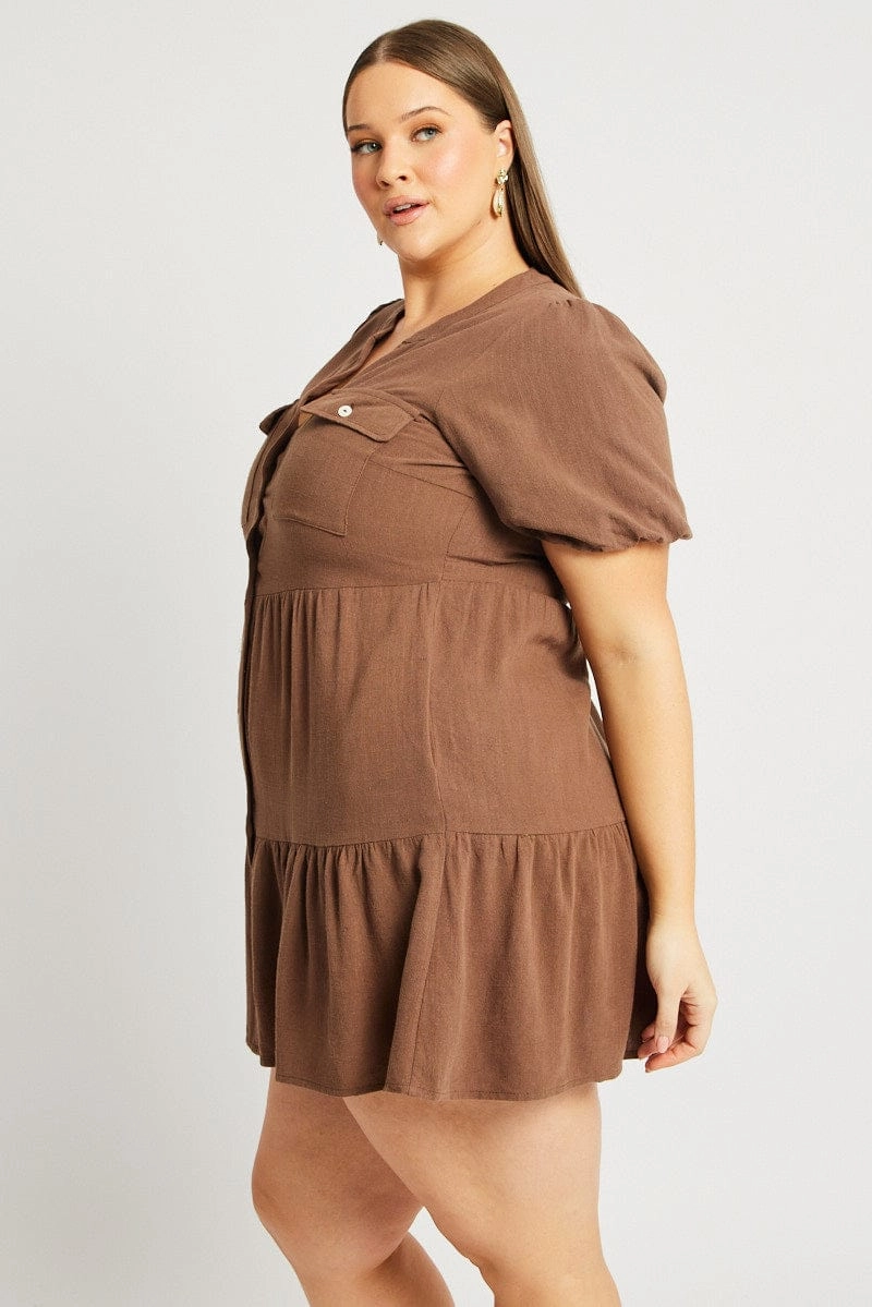 Brown Button Through Mini Dress Nehru Collar Linen Blend Smart Glide
