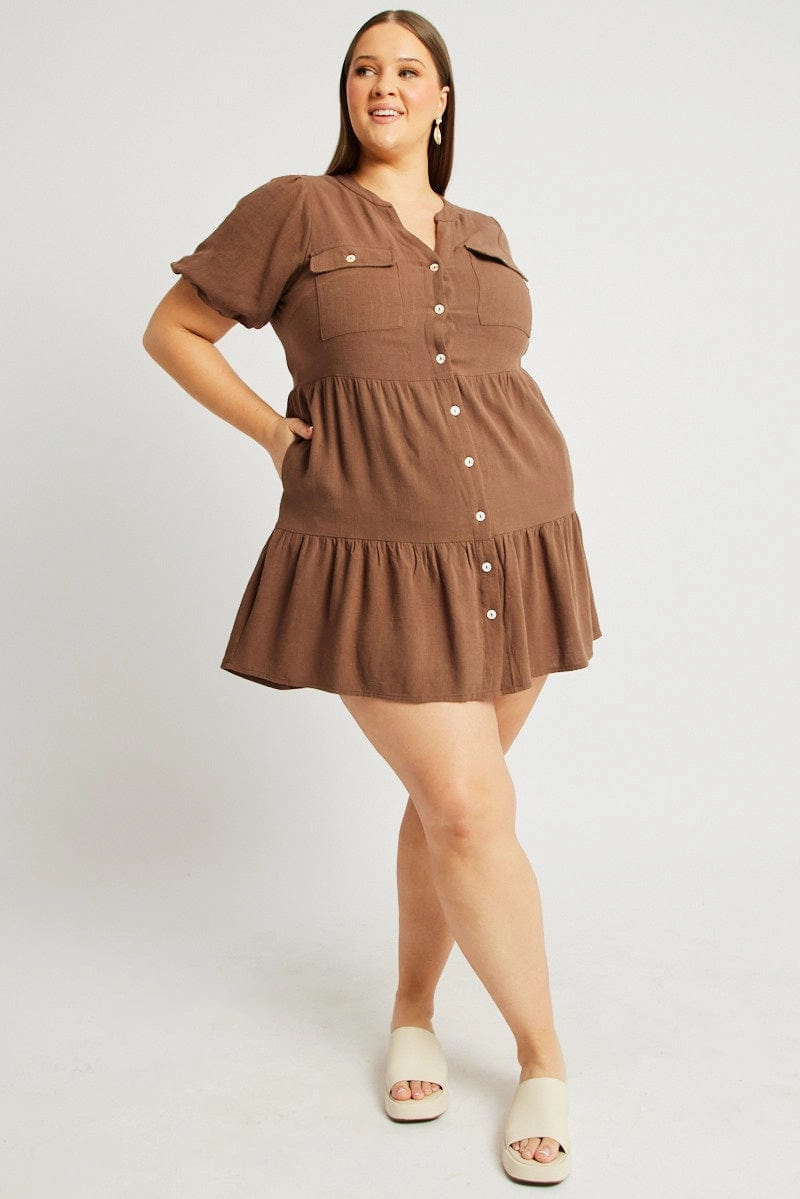 Subtle Flow Brown Button Through Mini Dress Nehru Collar Linen Blend