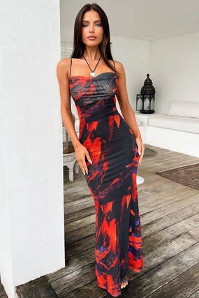 Barb Mesh Maxi Dress - Black/Red Vibrant Colors
