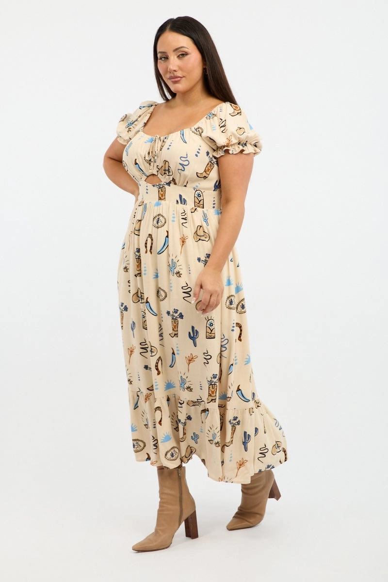 Beige Abstract Midi Dress Short Sleeve Cut Out Linen Blend Urban Touch Resort Vibes