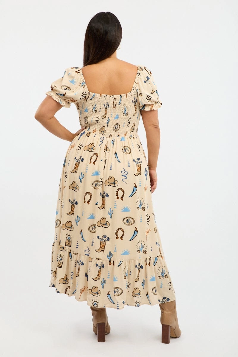 Side Tie Layered-Sleeve Beige Abstract Midi Dress Short Sleeve Cut Out Linen Blend