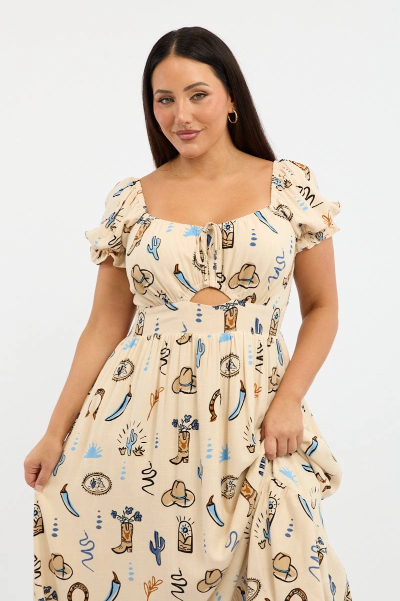 Beige Abstract Midi Dress Short Sleeve Cut Out Linen Blend Winter Classic