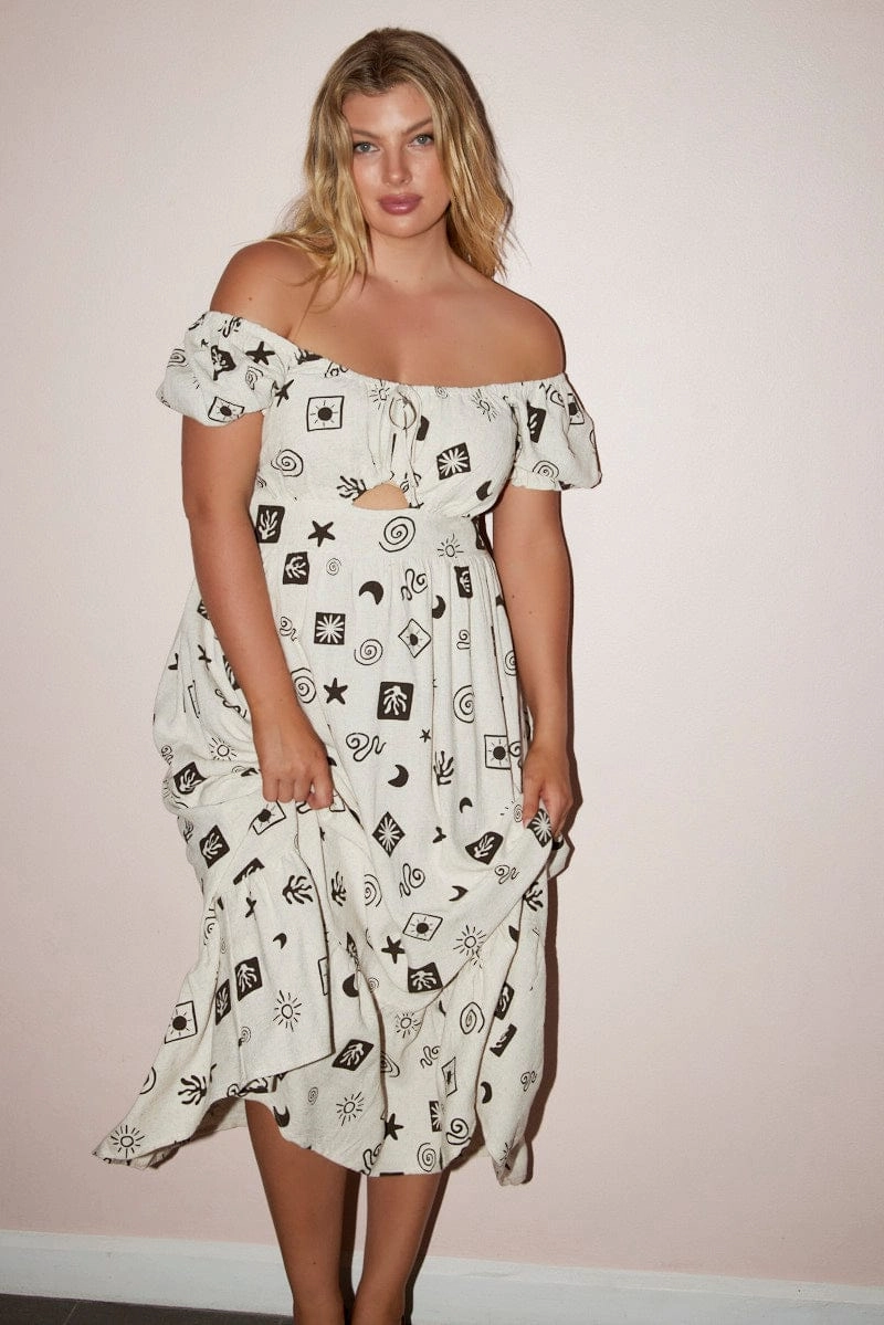 Beige Abstract Midi Dress Short Sleeve Ruched Bust Light Silhouette Flare Breeze