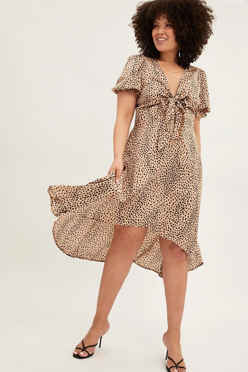 Beige Animal Print Midi Dress Short Sleeve Tie Front Satin Sharp Look