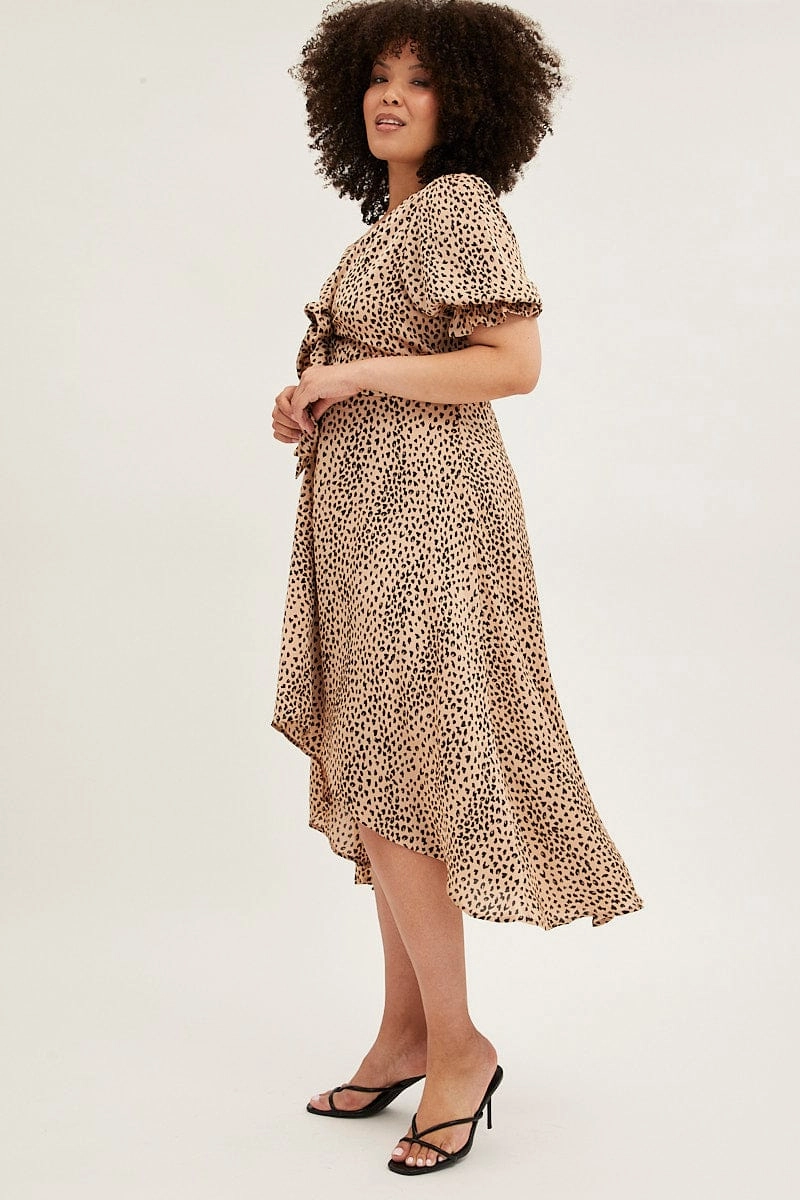 Basic Warm Beige Animal Print Midi Dress Short Sleeve Tie Front Satin