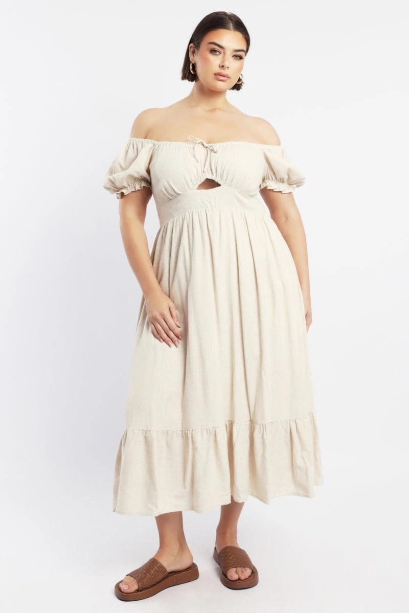 Beige Midi Dress Short Sleeve Cut Out Linen Blend Flattering Waistband Fit