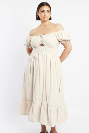 Beige Midi Dress Short Sleeve Cut Out Linen Blend Drawstring-Closure