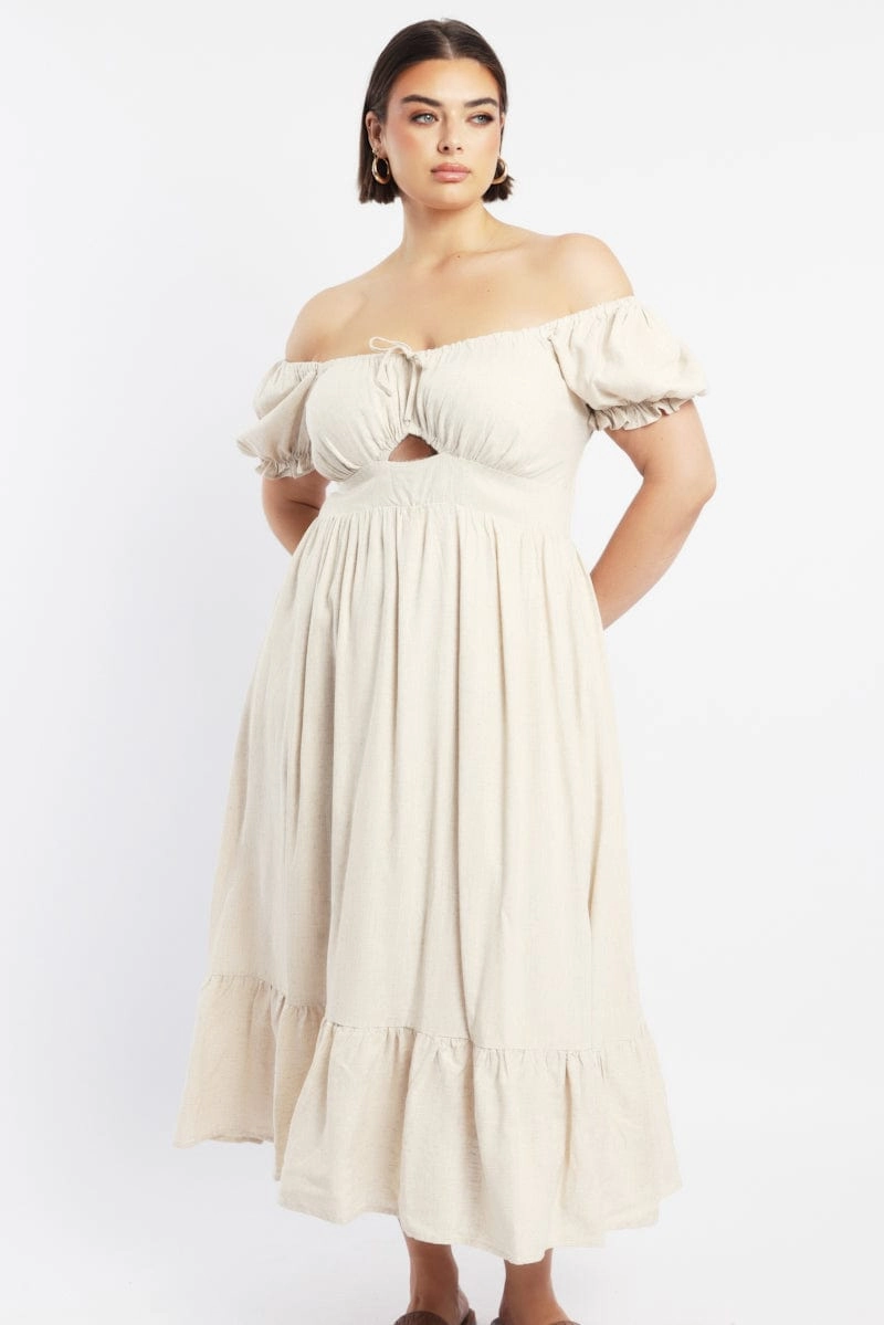 Beige Midi Dress Short Sleeve Cut Out Linen Blend Drawstring-Closure