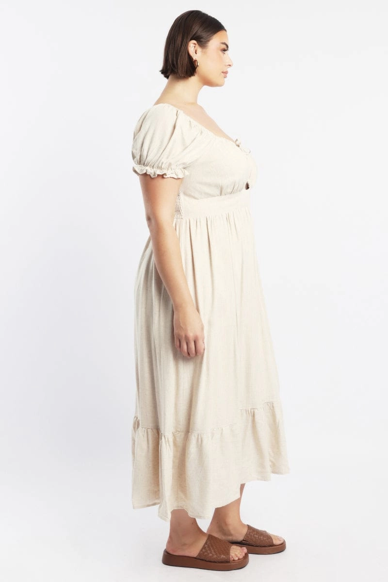 Vintage Style Beige Midi Dress Short Sleeve Cut Out Linen Blend