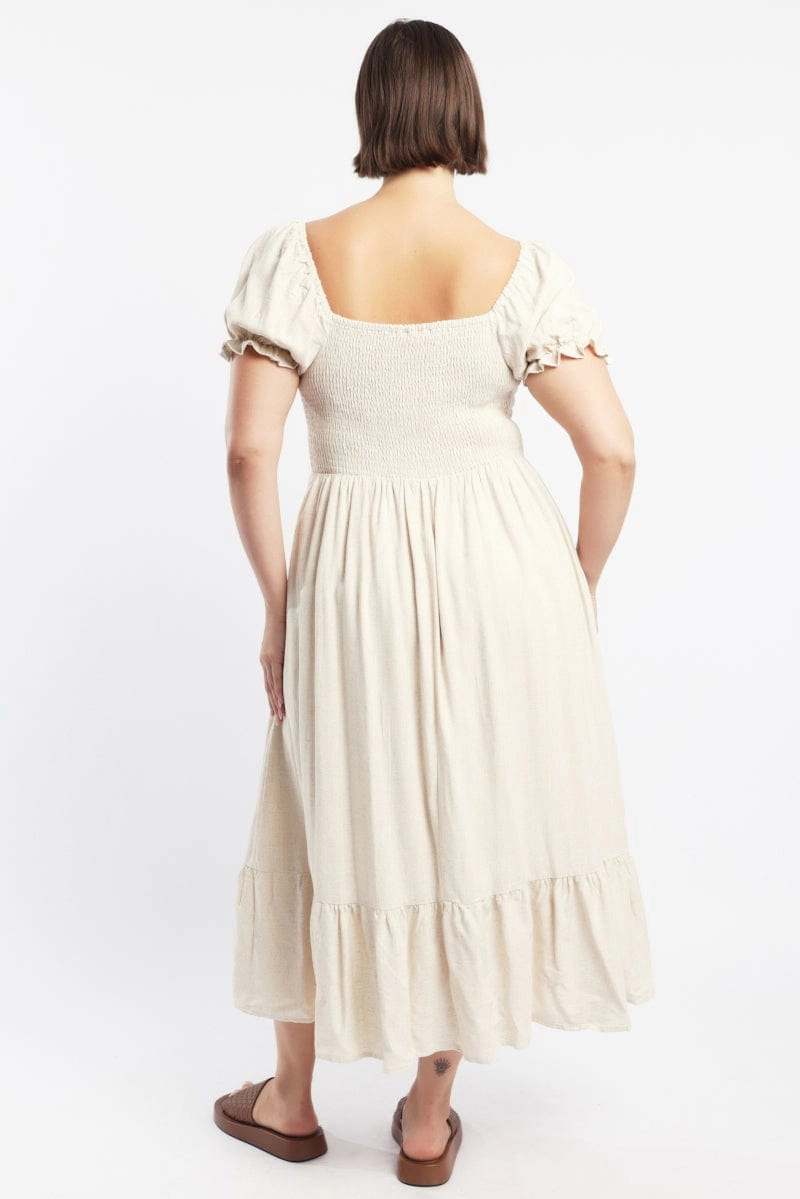 Beige Midi Dress Short Sleeve Cut Out Linen Blend Studio Style