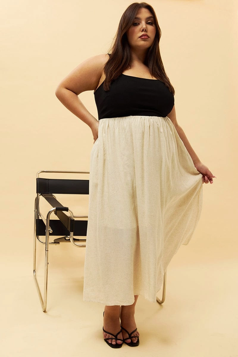 Beige Midi Dress Sleeveless Scoop Neck Linen Blend Textured Flow Chill Edge