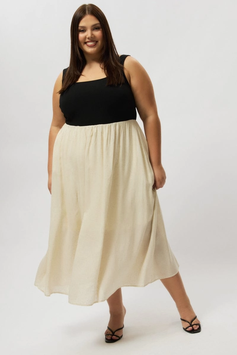 Beige Midi Dress Sleeveless Scoop Neck Linen Blend Effortless Waist Design Tailored Mood