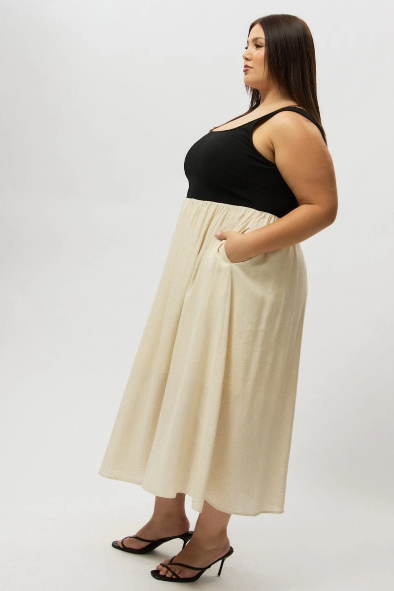 Beige Midi Dress Sleeveless Scoop Neck Linen Blend Lined interior