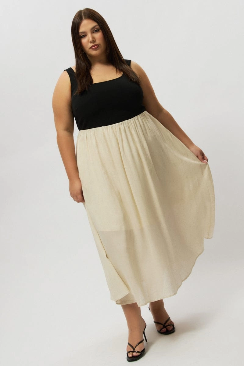 Knit Warm Beige Midi Dress Sleeveless Scoop Neck Linen Blend