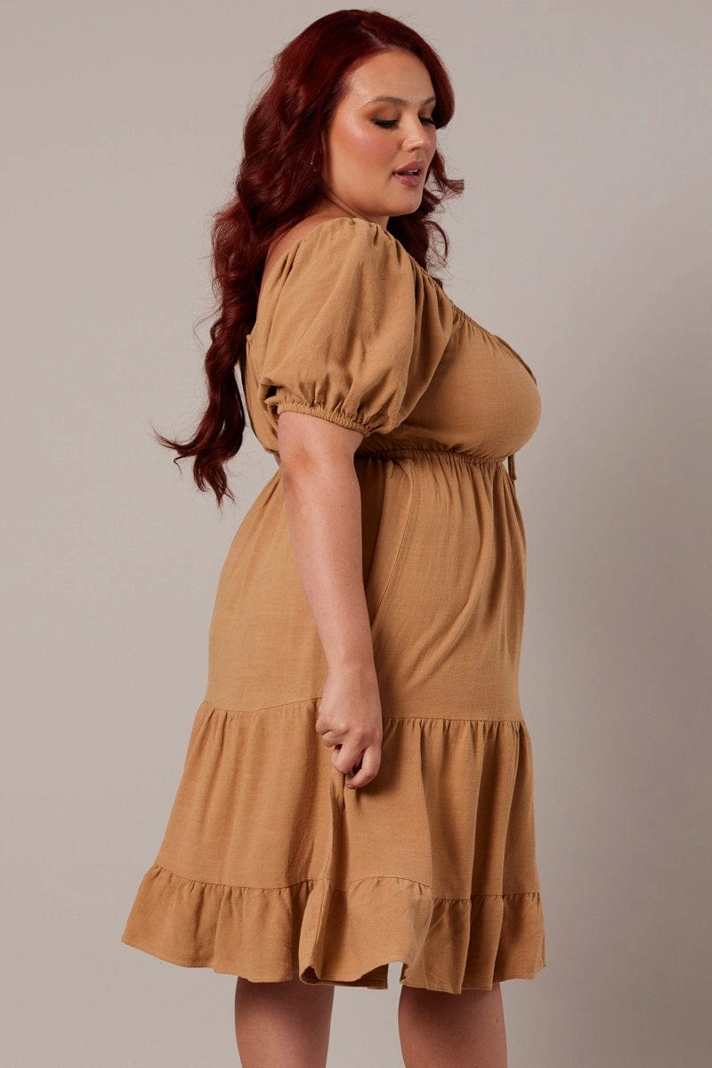 Silk Shine Beige Mini Dress Linen Blend Puff Sleeve Sweetheart Neck