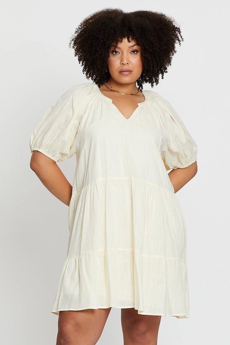Anniversary-Event Flowy Layers Beige Puff 3/4 Sleeve Textured Cotton Oatmea Layer Dress