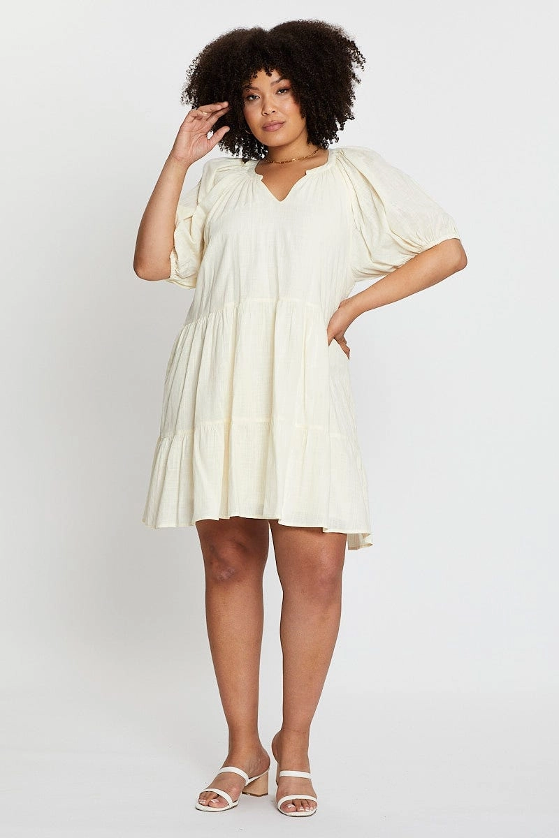 Flexible Waist Smart and Stylish Beige Puff 3/4 Sleeve Textured Cotton Oatmea Layer Dress