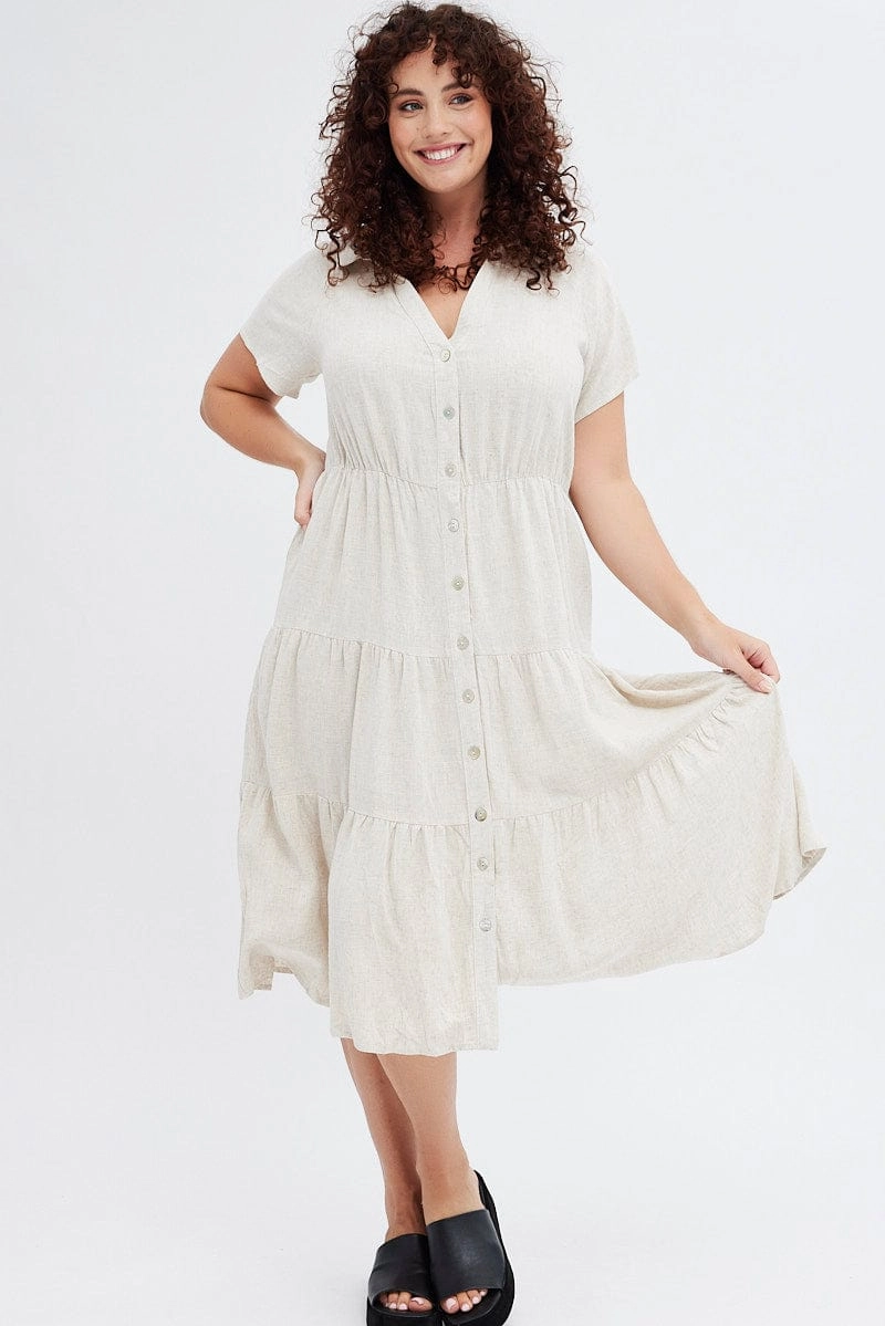 ReversibleStyle Dreamy Drape Beige Shirtdress Midi Button Linen Blend Short Sleeve