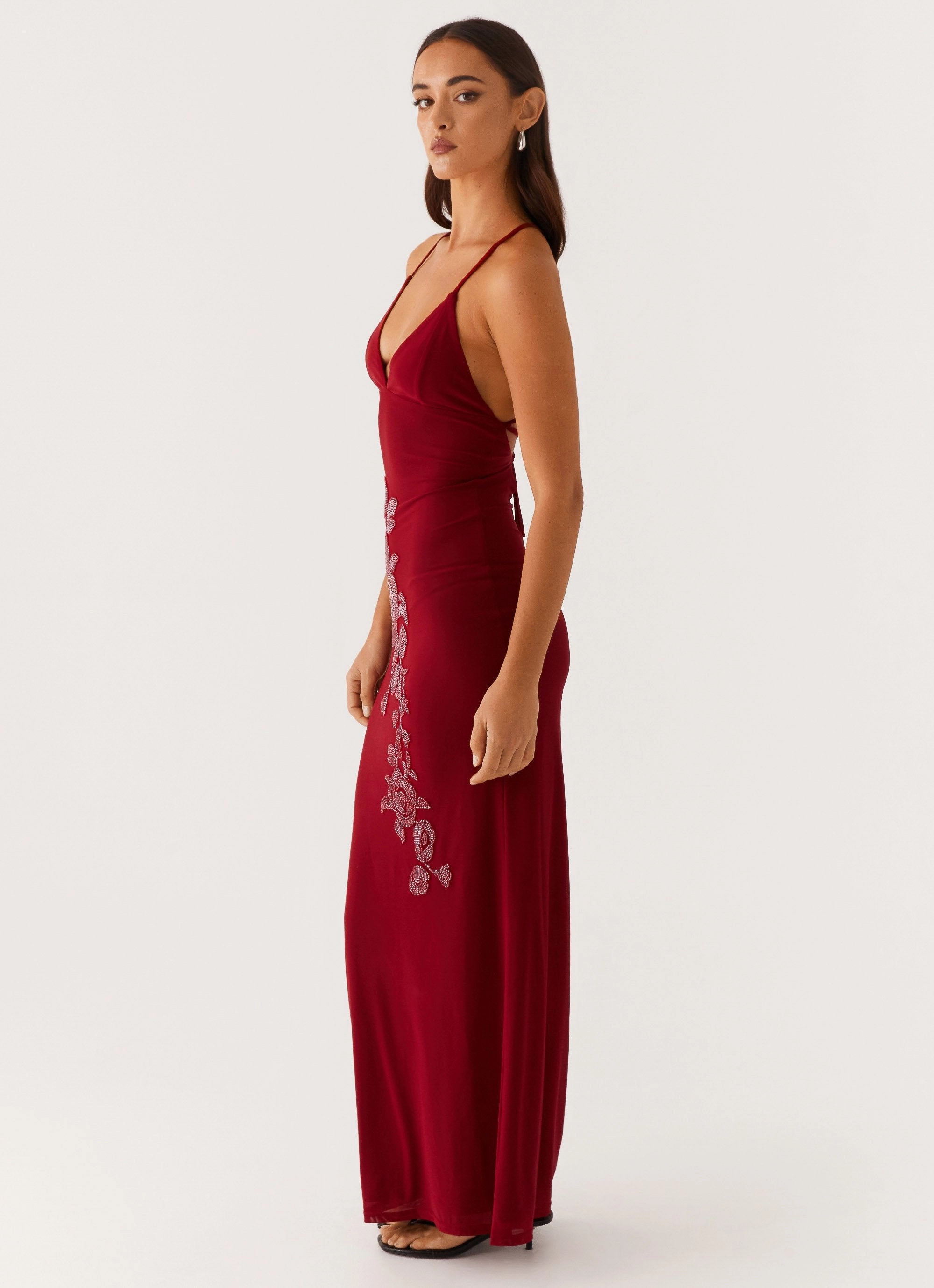 Wedding Style Evening-Wear Beki Beaded Mesh Maxi Dress - Deep Red
