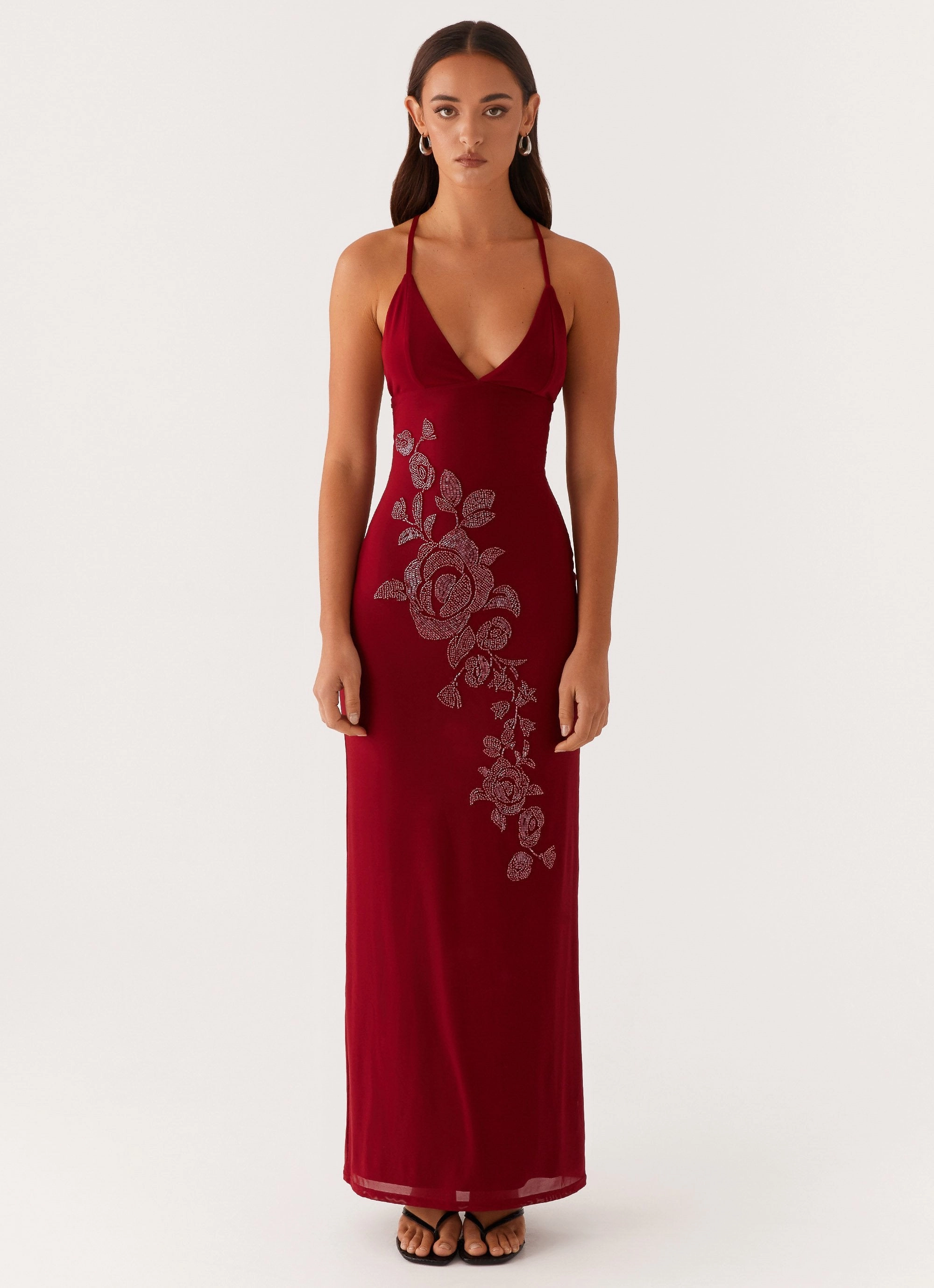 Soft Vibes Beki Beaded Mesh Maxi Dress - Deep Red