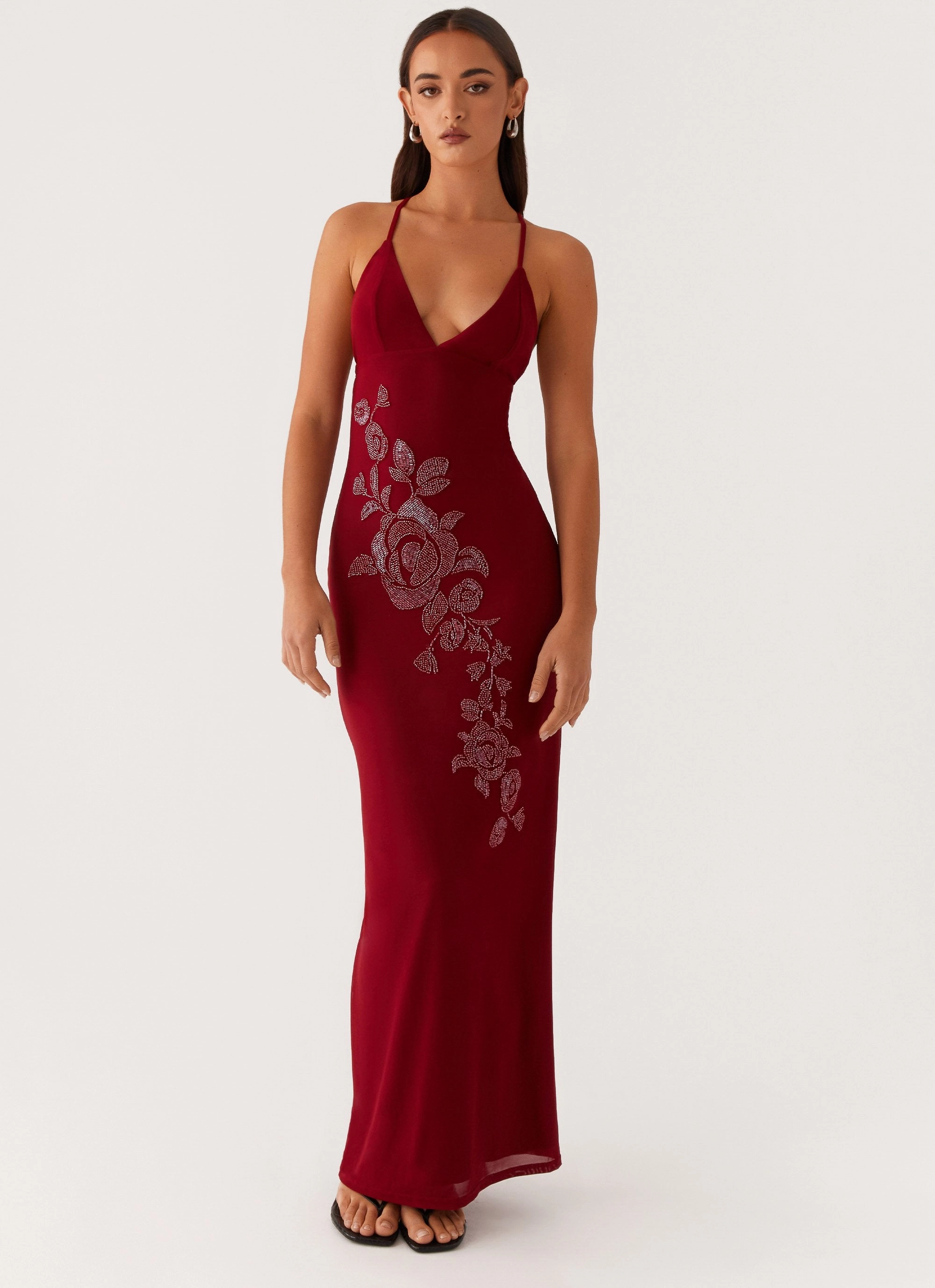 Beki Beaded Mesh Maxi Dress - Deep Red Baby-Shower