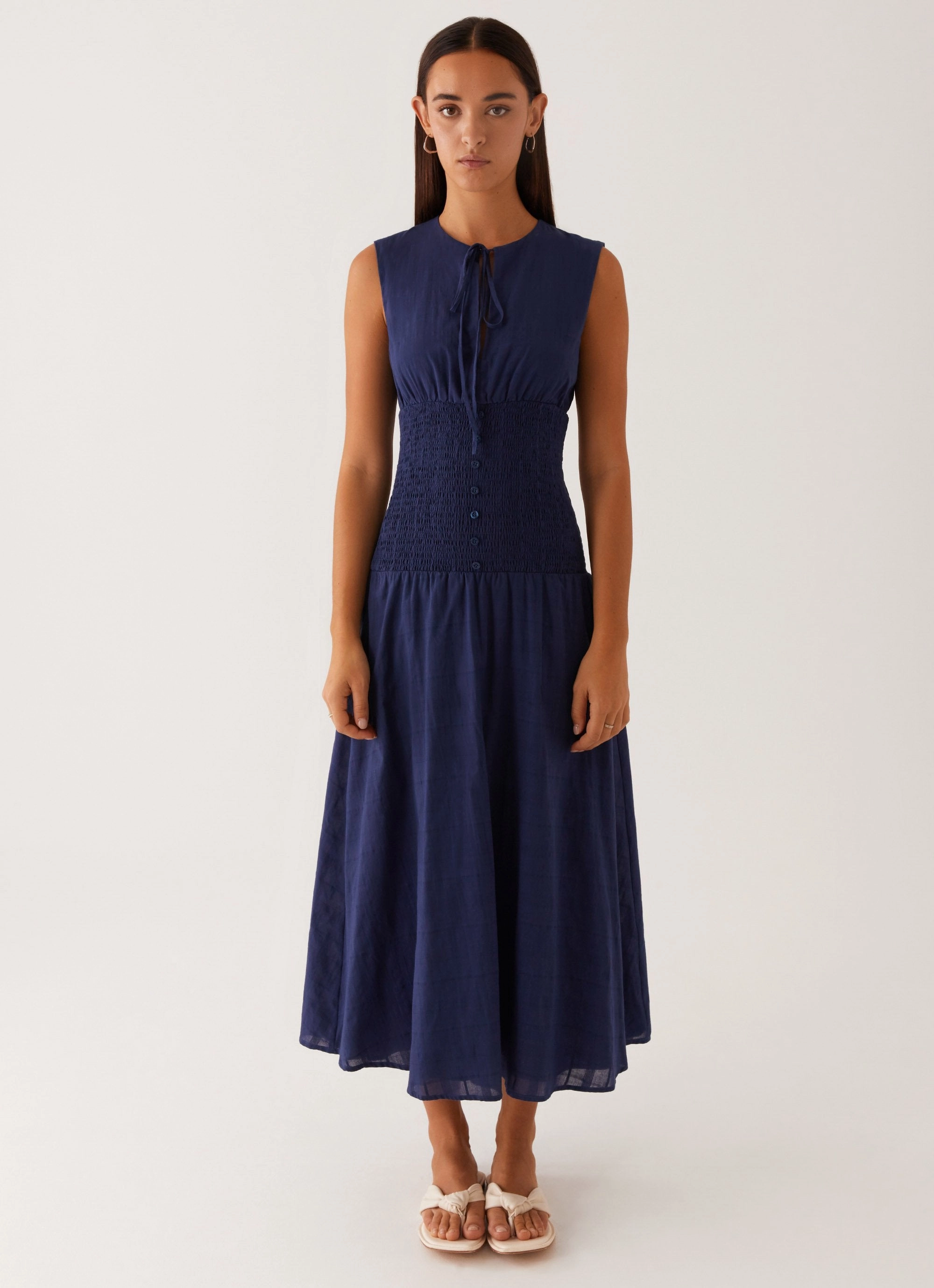 Sleek and Sleek Belle Shirred Waist Midi Dress - Navy