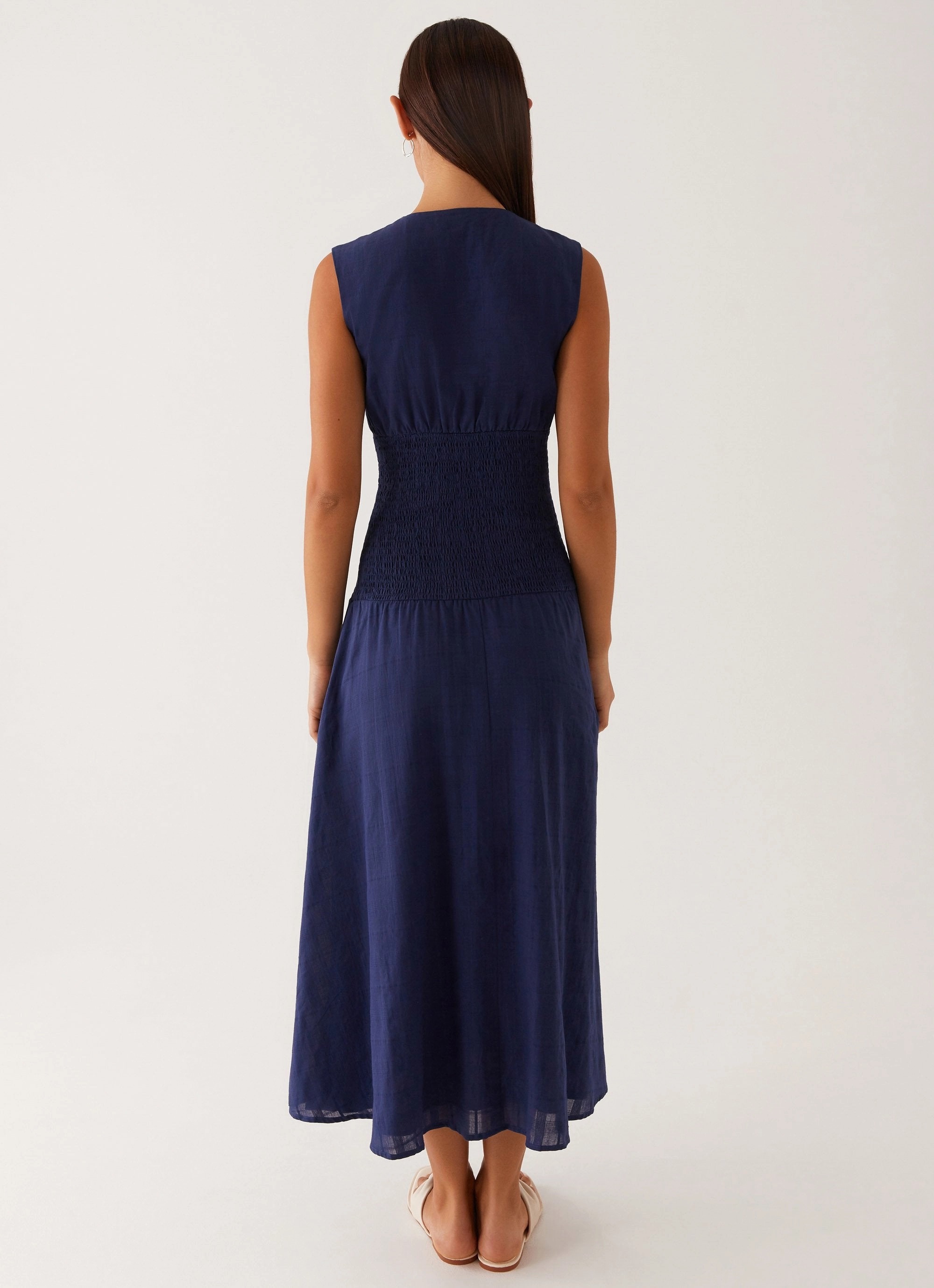Belle Shirred Waist Midi Dress - Navy Odor-Control
