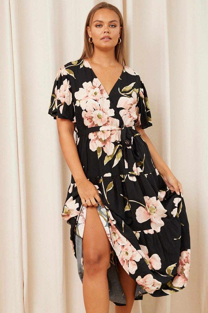 Celebrity-Inspired Chic Ensemble Black Floral Maxi Dress Short Sleeve Wrap Front Tiered