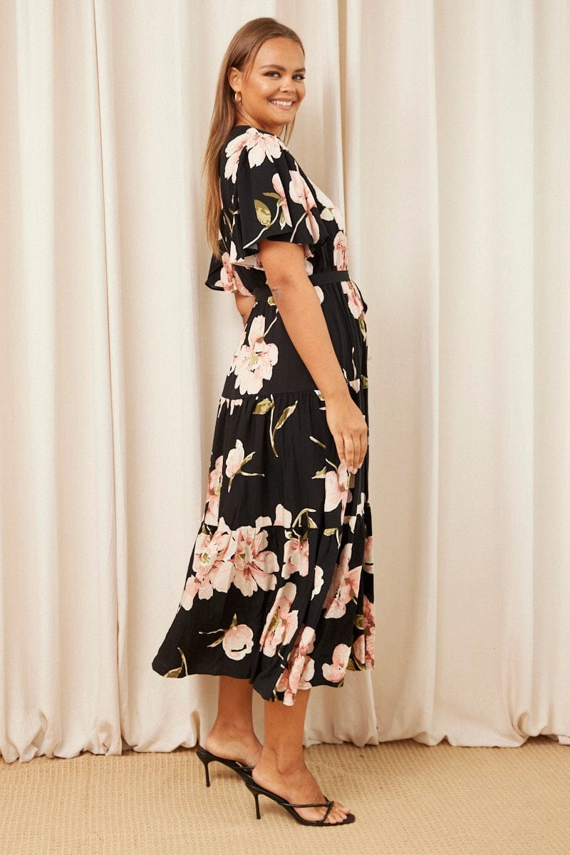 NonSlipClosure Daily Style Black Floral Maxi Dress Short Sleeve Wrap Front Tiered