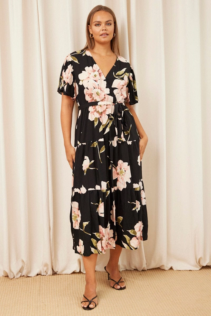 Black Floral Maxi Dress Short Sleeve Wrap Front Tiered Event Mood