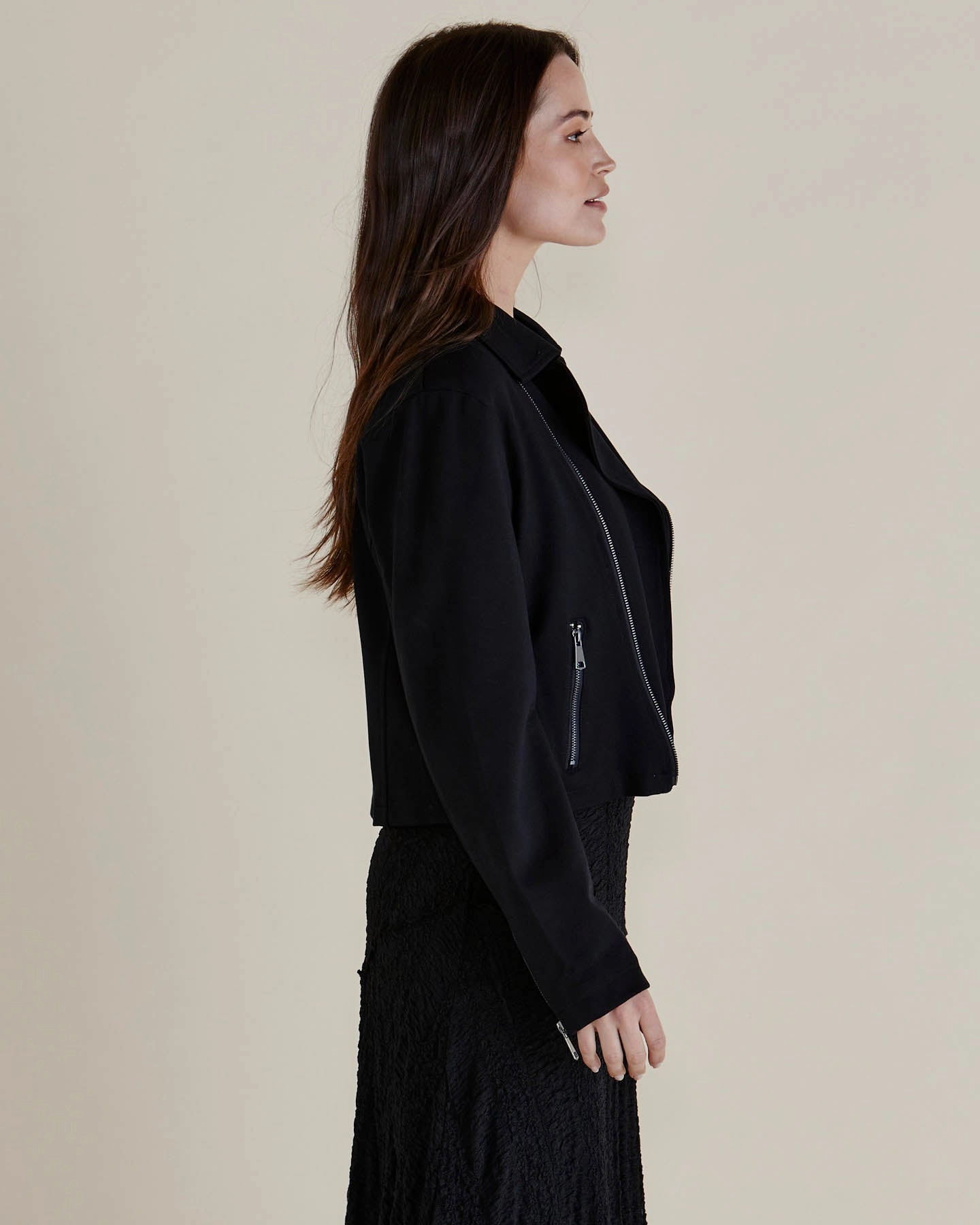 Betty Basics Aurora Ponte Biker Jacket Black Non Restrictive Movement Cut Waist String