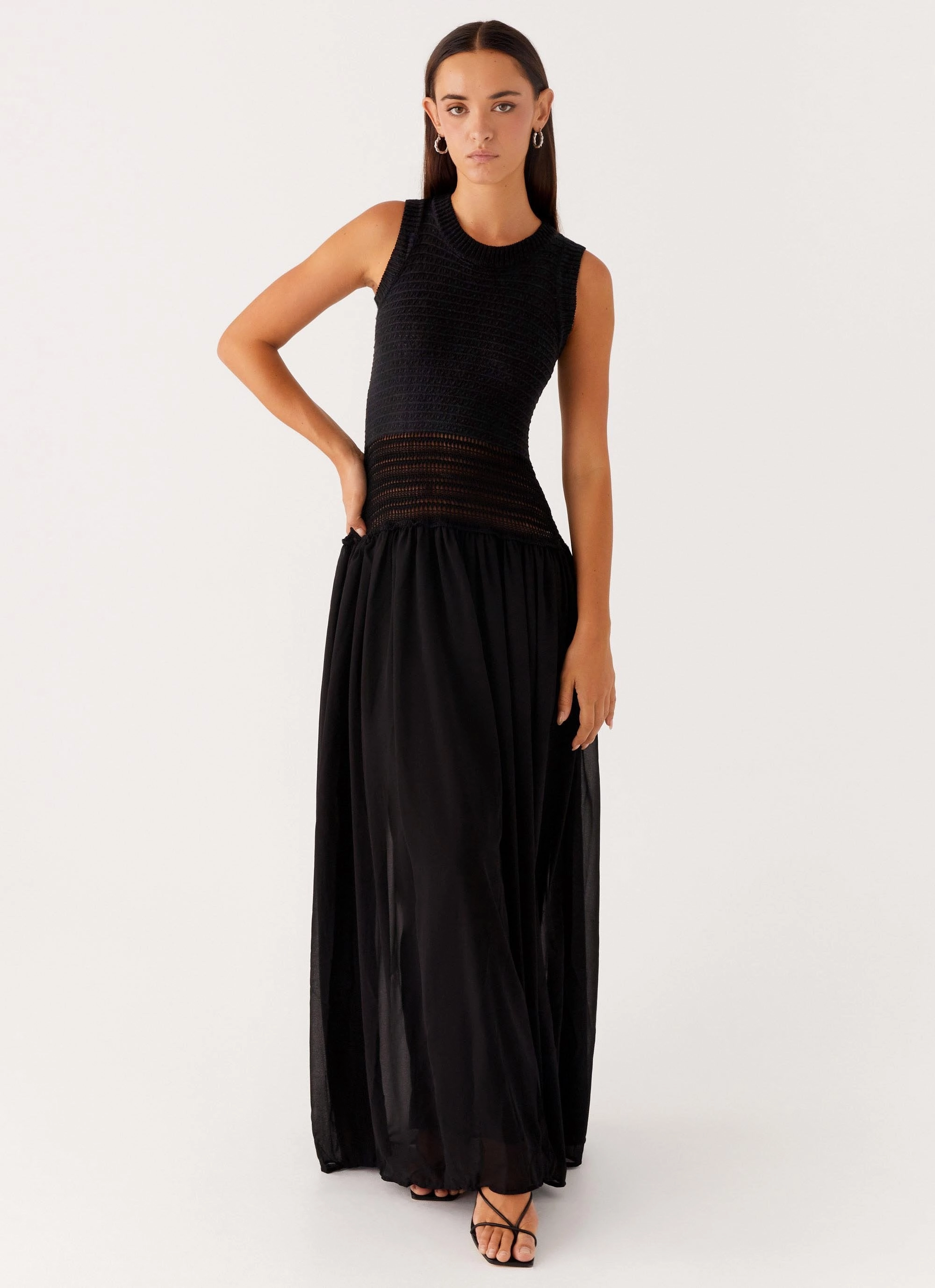 Self Power Smart Lines Off Grid Crochet Maxi Dress - Black