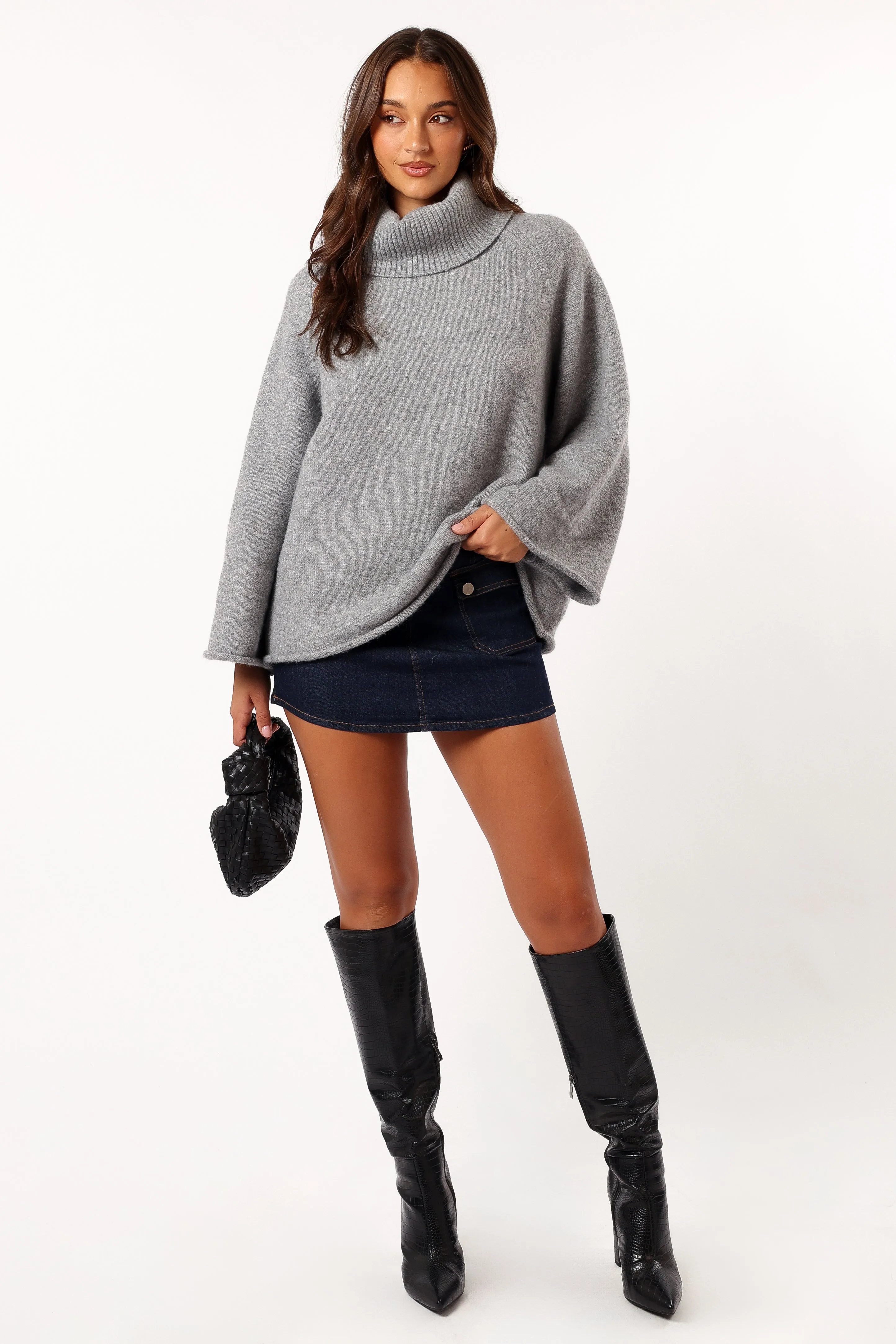 Snag Resistant Surface Bindy Cowlneck Knit Sweater - Grey Marle
