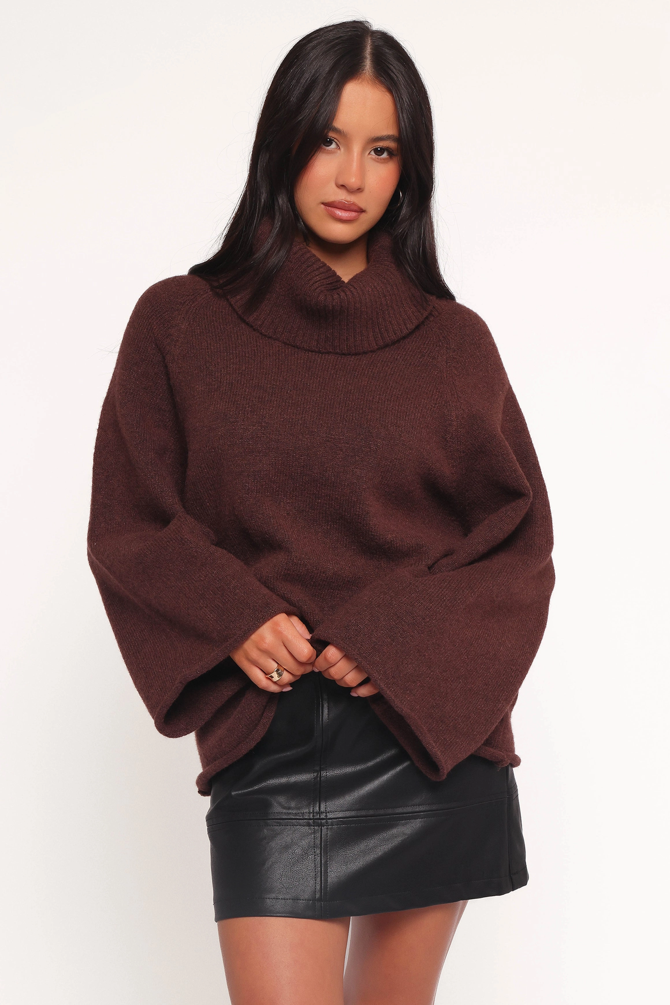 Bindy Cowlneck Knit Sweater - Brown NonRestrictive Cuff StretchRecovery Yarn