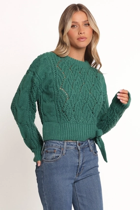 Casual Comfort Gentle Fabric Birdie Tie Side Knit Sweater - Emerald