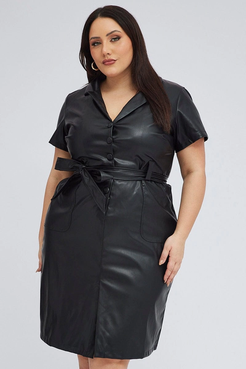 Abstract Pattern Easy Layering Piece Black Faux Leather Dress Knee Length Short Sleeve Belt