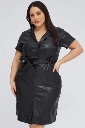 Black Faux Leather Dress Knee Length Short Sleeve Belt Everyday-Comfort